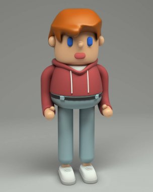Kızıl saçlı genç adam t-shirt, kırmızı kapüşonlu, kot pantolon ve spor ayakkabı içinde 3D render. Çizgi film stilize 3d karakter illüstrasyon. Tam büyüme gri arka plan üzerinde izole şirin şekil.