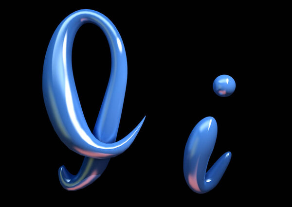 3d handwritten blue plastic alphabet letter I on black background.
