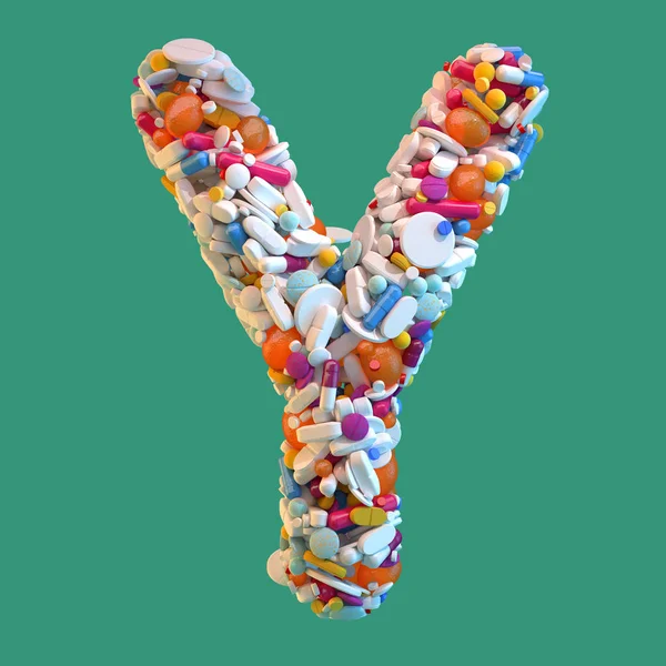 薬の様々 なタイプの レンダリングのアルファベット 緑の背景にラテン大文字 — ストック写真
