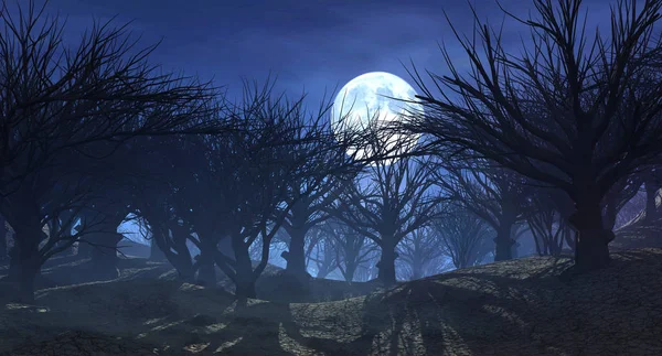 Rendering Enchanted Dark Forest Moonlight Fantasy Landscape Dried Dead Trees — Stock Photo, Image