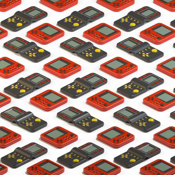 3d rendering of isometric retro game consoles. Repeated objects pattern. Retro technology on white background.
