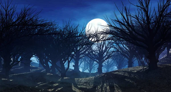 Işığında Büyülü Karanlık Ormanın Render Fantezi Manzara Kurutulmuş Ölü Ağaçlar — Stok fotoğraf