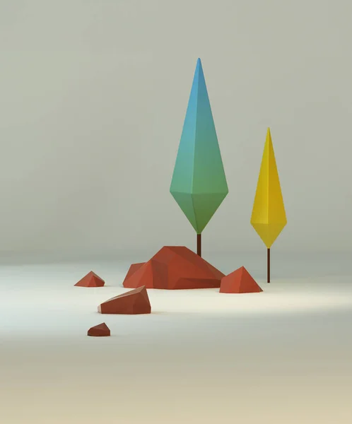 3d group of low poly stylized trees and rocks. Objects in the spot of soft light