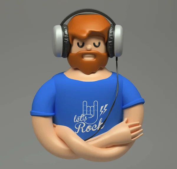 3D render. Büyük kulaklık ile müzik dinlemek sakallı sessizce genç adam. Çizgi film tarzı karakteri. Şirin şekil üzerinde gri arka plan izole.