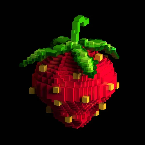 様式化されたイチゴの レンダリングします 食品をシンボルします レトロなゲーム スタイル 黒の背景にドット絵 — ストック写真