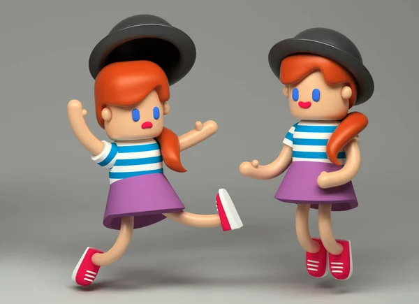 3D Bouncing ve tökezleyerek kız oyuncak karakter. Küçük şirin şekil üzerinde gri bir arka plan ile gerçekçi gölgeler