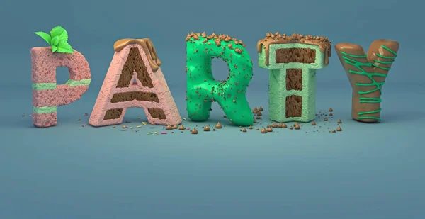 Letras Fonte Cake Inscrição Doces Palavra Saborosa Feliz Fundo Azul — Fotografia de Stock