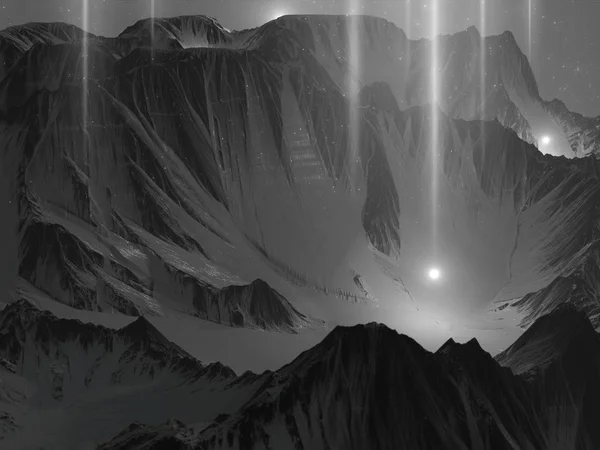 Doğal Karlı Dağlar Manzara Render Starfall Geceleri Soyut Işığında Göktaşları — Stok fotoğraf