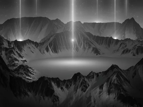 Rendering Scenic Snowy Mountains Landscape Starfall Night Abstract Enchanted Dark — Stock Photo, Image