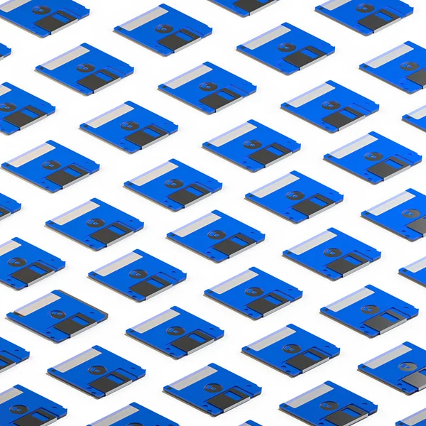 等尺性青いフロッピー ディスクの数の レンダリングします 繰り返しオブジェクト パターン 白い背景の上のレトロな技術 — ストック写真