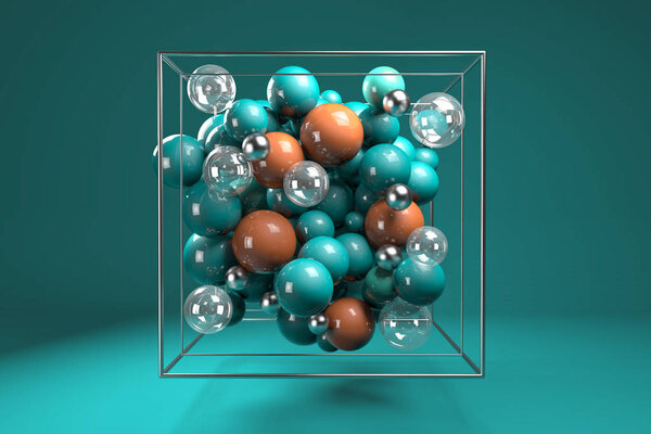 Group Colorful Glossy Spheres Chrome Wire Cube Bright Turquoise Orange — Stock Photo, Image