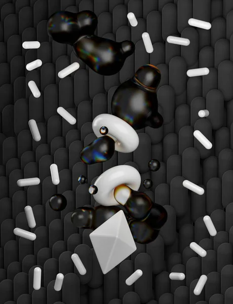 3d rendering of a group of abstract objects. Black and white shades. Composition with metaballs, donuts, capsules and octahedron. Glass with rainbow dispersion and glossy plastic materials.