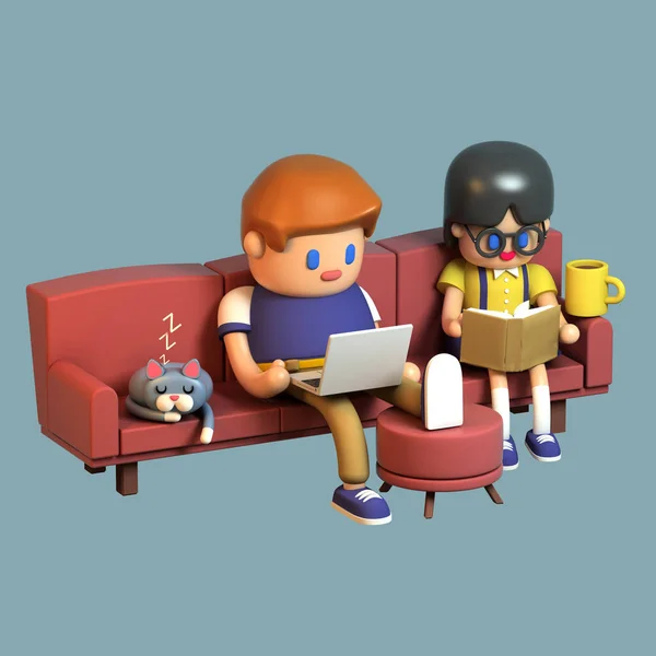 ソファに一緒に座って 代カップルの レンダリングします ラップトップ コンピューターと女の子で勉強している少年を読んでいます かわいい作業スペース ソファの上で眠っている猫 青の背景に様式化された漫画 — ストック写真