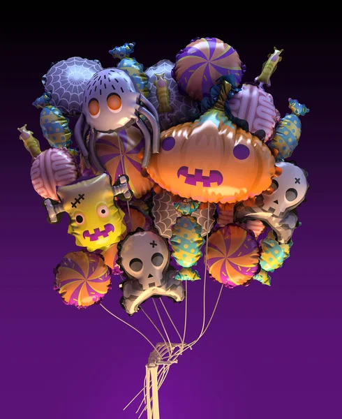 Mutlu Cadılar Bayramı tebrik kartı 3D render. Stilize çizgi film Halloween başlık sayfası veya poster. 