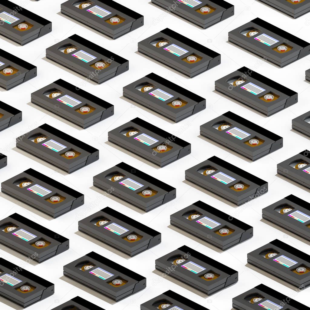 3d rendering of many isometric VHS cassettes. Repeated objects pattern. Retro technology on white background.