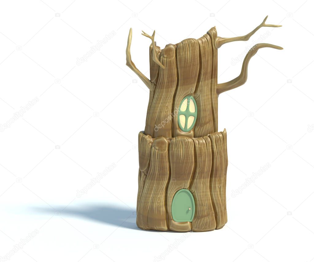 3d rendering of cartoon tree house isolated on white background. Stylized squirrel burrow, home inside tree trunk with little door, balcony and cute window in hollow. 