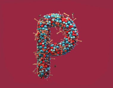 3D render renkli alfabesi ile küçük çikolata kafatasları ve şeker kemikler. Büyük harf P kırmızı zemin üzerine tek 