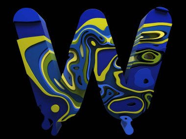 siyah arka plan üzerinde renkli Ebru etkisi ile 3D yazı tipi harf W