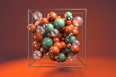 Krom tel küpteki renkli parlak küreler 3D grubudur. Parlak turuncu ve yeşil plastik toplarla şeffaf kabarcıklar ve metal küre. Turuncu arka plan üzerinde ortalanmış kompozisyon. 
