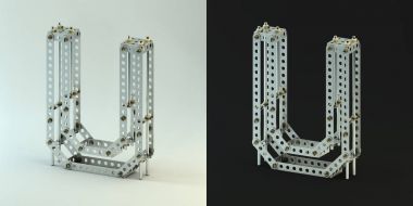 3D render. Perçinler ve vidalar ile metalik Oluşturucu font. Bina kiti 3d yazı tipi siyah ve beyaz arka plan üzerinde. Büyük harf U.