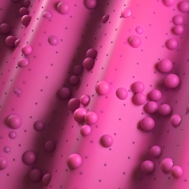 dalgalı yüzeyi parlak plastik küreler bir sürü 3D render. Yeraltı saçılma malzeme ile arka plan.  