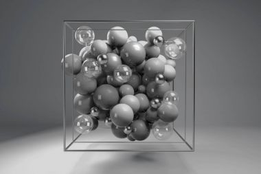 tek renkli parlak küreler krom tel küpteki 3D grubudur. Şeffaf kabarcıklar ve metal küre ile gri plastik toplar. Gri arka plan üzerinde ortalanmış kompozisyon. 