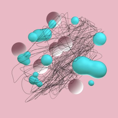 3d rendering of a group of abstract objects. Composition haotic of interwoven thin lines and spheres. Pink and cyan colors. clipart