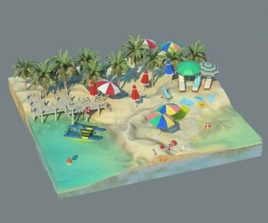 3D render sunny Beach. Su ve kesit kuma tropik ada parçası. Avuç içi, güneş şemsiyesi, şezlong, Katamaran ile pier ile tatil renkli çizimi. 
