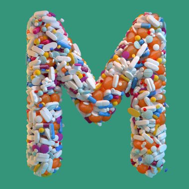 çeşitli ilaçlar tip 3D render alfabe. Yeşil zemin üzerine büyük harf M.
