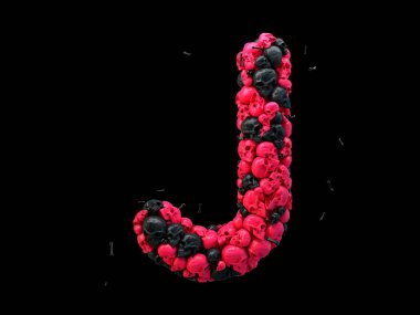 Alfabe harf J. kafatasları ve kemikleri 3d yazı tipi, renkli pembe ve siyah 3D render 