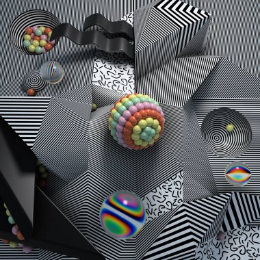 küçük çizgiler ve siyah beyaz çizgili doku ile 3D soyut geometrik şekiller. 