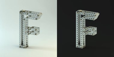 3D render. Perçinler ve vidalar ile metalik Oluşturucu font. Bina kiti 3d yazı tipi siyah ve beyaz arka plan üzerinde. Büyük harf F.