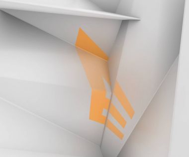 3D render alfabesinin kırılmasıyla yüzeyinde tahmin. Stilize kırık Abc. Yaratıcı geometrik tipografi. Beyaz düşük Poli arka plan üzerinde şık yazı tipi. Poligonal harf E