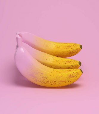3D render. Göz alıcı plastik pembe malzeme Degrade geçiş ile gerçekçi muz. Sahte meyve boyalı. Muz moda tasarımı. Parlak yaz pembe arka plan.