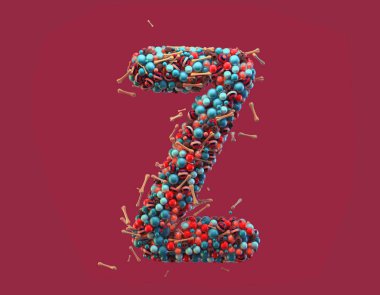 3D render renkli alfabesi ile küçük çikolata kafatasları ve şeker kemikler. Büyük harf Z kırmızı zemin üzerine tek 