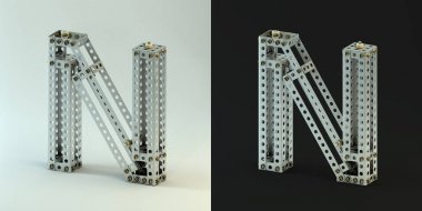 3D render. Perçinler ve vidalar ile metalik Oluşturucu font. Bina kiti 3d yazı tipi siyah ve beyaz arka plan üzerinde. Büyük harf N.