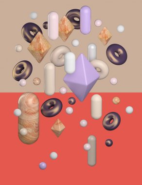 3d rendering of a group of abstract objects. Wooden, plastic and metal materials.  Composition spheres, donuts, capsules and octahedrons. Two-tone background split by horizontal, orange and beige fill clipart