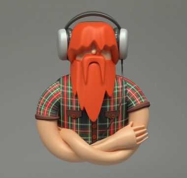 3D render. Büyük kulaklık ile müzik dinlemek büyümüş kırmızı sakallı sessizce genç adam. Oduncu stil karakter karikatür. Şirin şekil üzerinde gri arka plan izole.