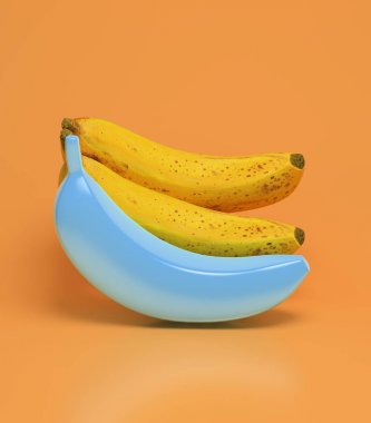 3D render. Göz alıcı plastik mavi muz ve gerçekçi muz. Sahte meyve boyalı. Muz moda tasarımı. Parlak yaz turuncu arka plan.