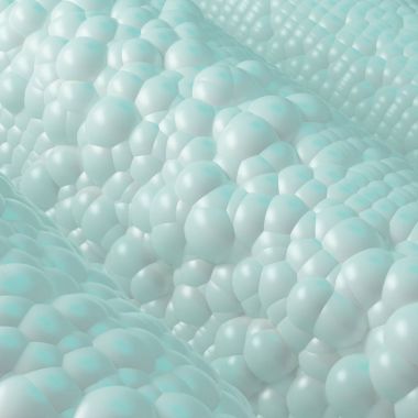 küresel yüzey 3D render. Arka plan ile birçok parlak plastik küreler. Mikro bölümü hücreleri. 