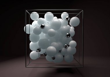 tek renkli parlak küreler krom tel küpteki 3D grubudur. Şeffaf kabarcıklar ve metal küre ile beyaz plastik toplar. Karanlık broun arka plan üzerinde ortalanmış kompozisyon.