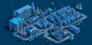 Kışın düşük Poli izometrik şehir 3D render. Bina, ağaçlar ve mavi arka plan yollarda bir kasaba. İzole bloğu