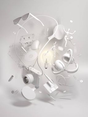 3d rendering group objects flying around light bulb. Creativity concept, thinking and get bright idea. clipart