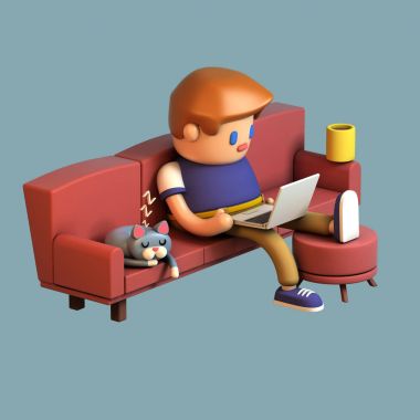 3D render bir kanepede oturan ve evde dizüstü bilgisayar üzerinde çalışan bir genç adam. Şirin bir çalışma alanı. Kedi kanepede uyuyor. Stilize izole üzerinde mavi arka plan çizgi film. 