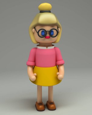 hippi kız gözlük ve pembe gömlek, sarı etekle sarışın saç topuz ile 3D render botlar. Çizgi film stilize 3d karakter illüstrasyon. Tam büyüme gri arka plan üzerinde izole şirin şekil.