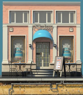 3d render of background with small bakery shop. 3d cartoon style cute European building. Detailed pink facade with columns and big cake showcases. Street cafes.Outdoor seating.