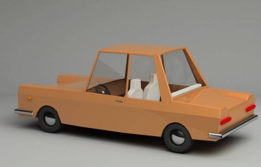 3D komik retro turuncu araba tarz. Parlak parlak araç gerçekçi gölgeler ile gri arka plan üzerinde. Yukarıdaki üç çeyrek görünüm