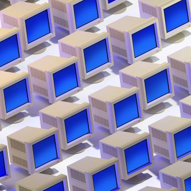 3D Render mavi ekranlar ile birçok izometrik bilgisayar monitörleri. Yinelenen nesneleri desen. Beyaz arka plan üzerinde Retro teknoloji.