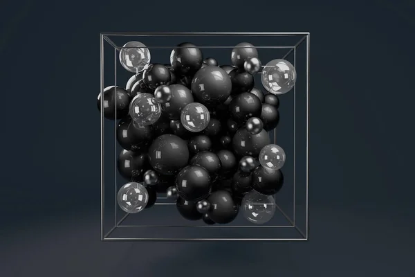 Groupe Sphères Brillantes Monochromes Cube Fil Chromé Boules Plastique Noir — Photo