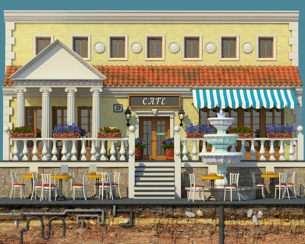 3d render of background with small cafe. 3d cartoon style cute European building. Detailed facade with columns and tile roof, decorated with flowers. Street cafes.Outdoor seating.